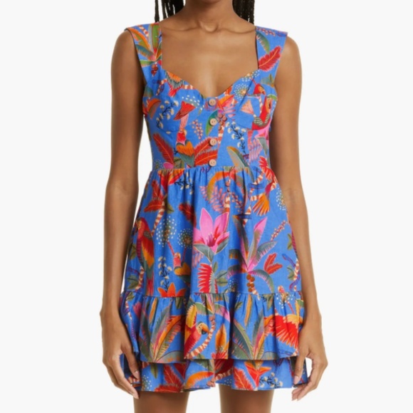 NWT $180 FARM Rio Macaw Party Tiered Linen Blend Fit & Flare Minidress! - Picture 2 of 10